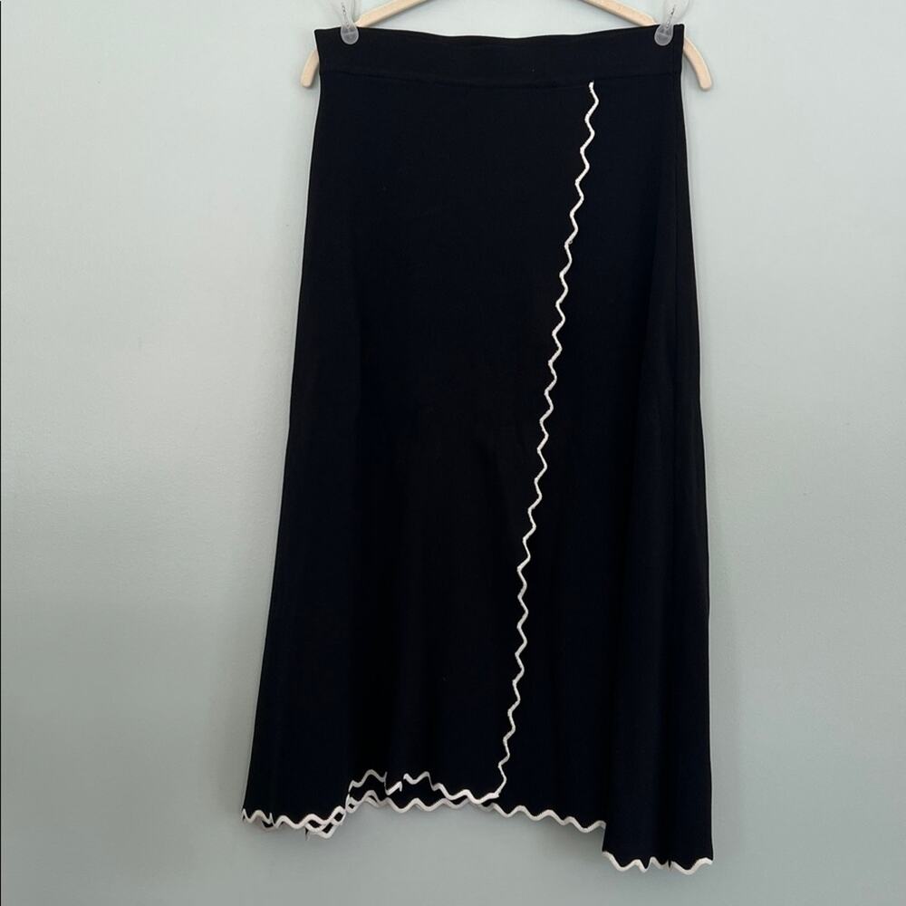 STORY A-Line Knit Wrap Midi Skirt Feminine Black White Scalloped Rickrack Hem M - Picture 2 of 10